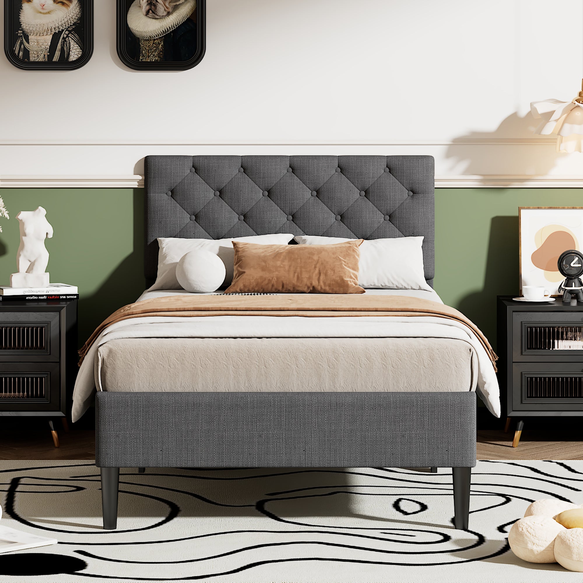 Upholstered Linen Platform Bed, Twin Size, Gray - Atlantic Fine Furniture Melbourne FL