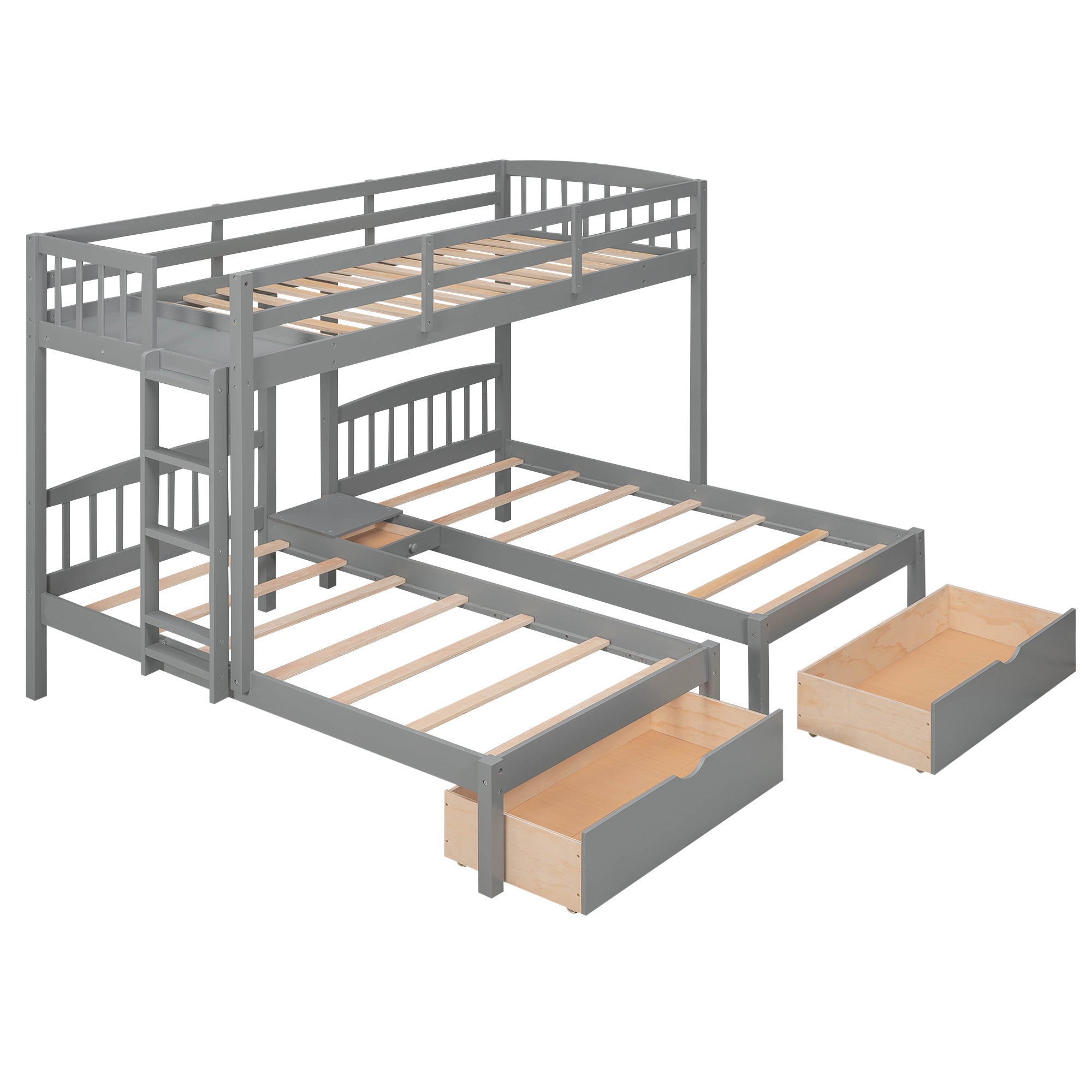 Twin over Twin & Twin Bunk Bed with Two Drawers and Built-in Middle Drawer, Gray - Atlantic Fine Furniture Melbourne FL