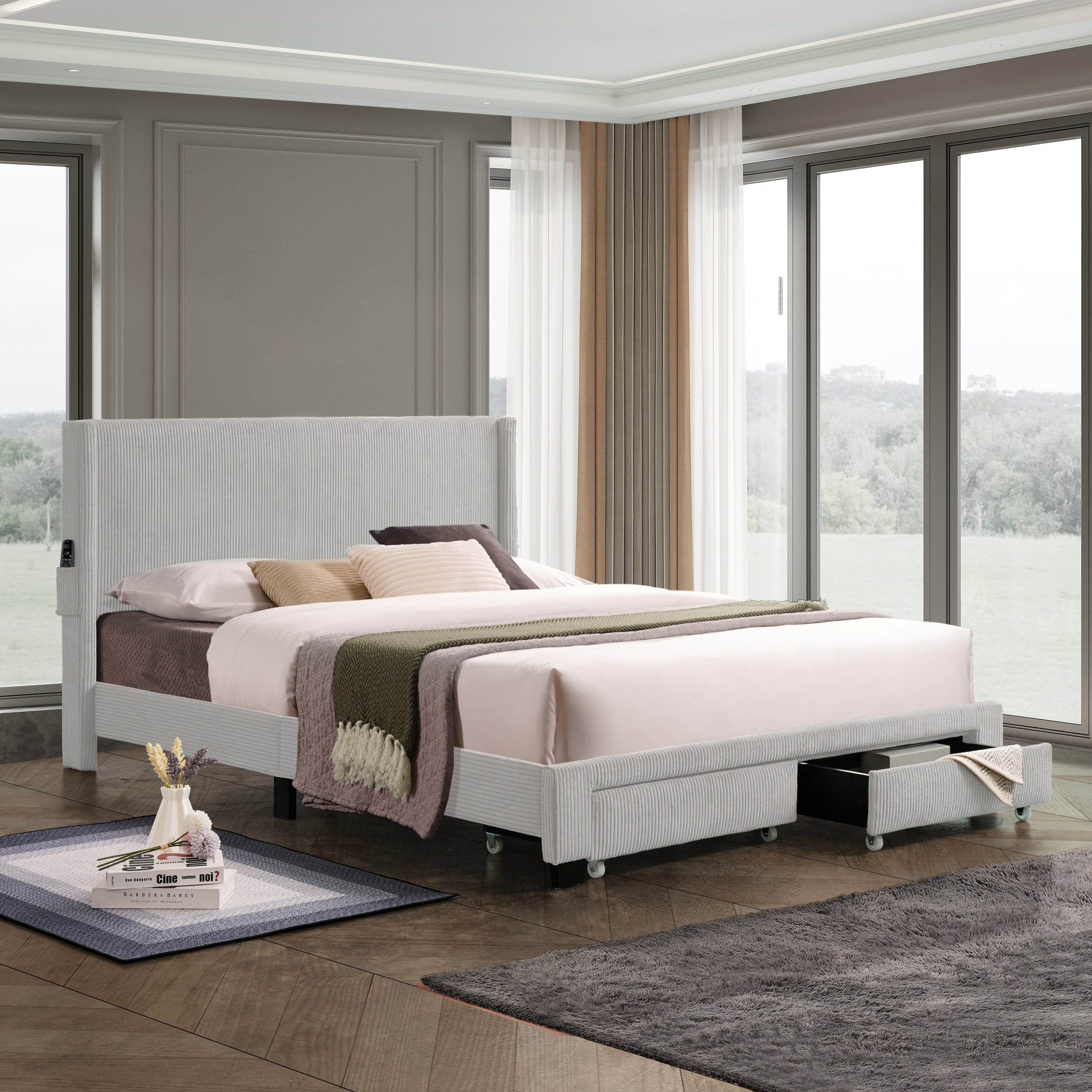 CORDUROY VELVET QUEEN FOOTBOARD DRAWER STORAGE UPHOLSTERED WINGBACK BED NO BOX SPRING REQUIRE GRAY - Atlantic Fine Furniture Melbourne FL