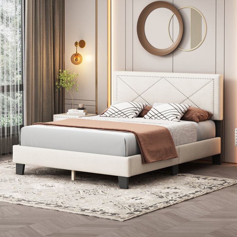 Simple Queen Size Upholstered Bed Frame with Rivet Design, Modern Velvet Platform Bed with headboard, Beige