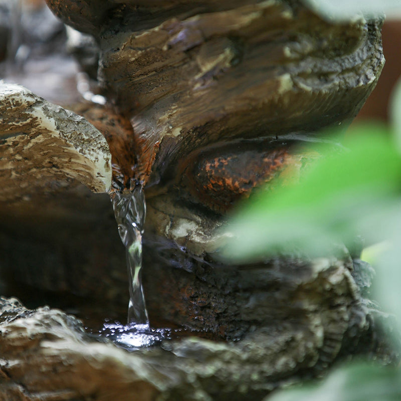 Indoor Brown Wood-Look Water Fountain, 4 Tier Polyresin Cascading Wood Tabletop Fountain With LED Light - Rustic Brown