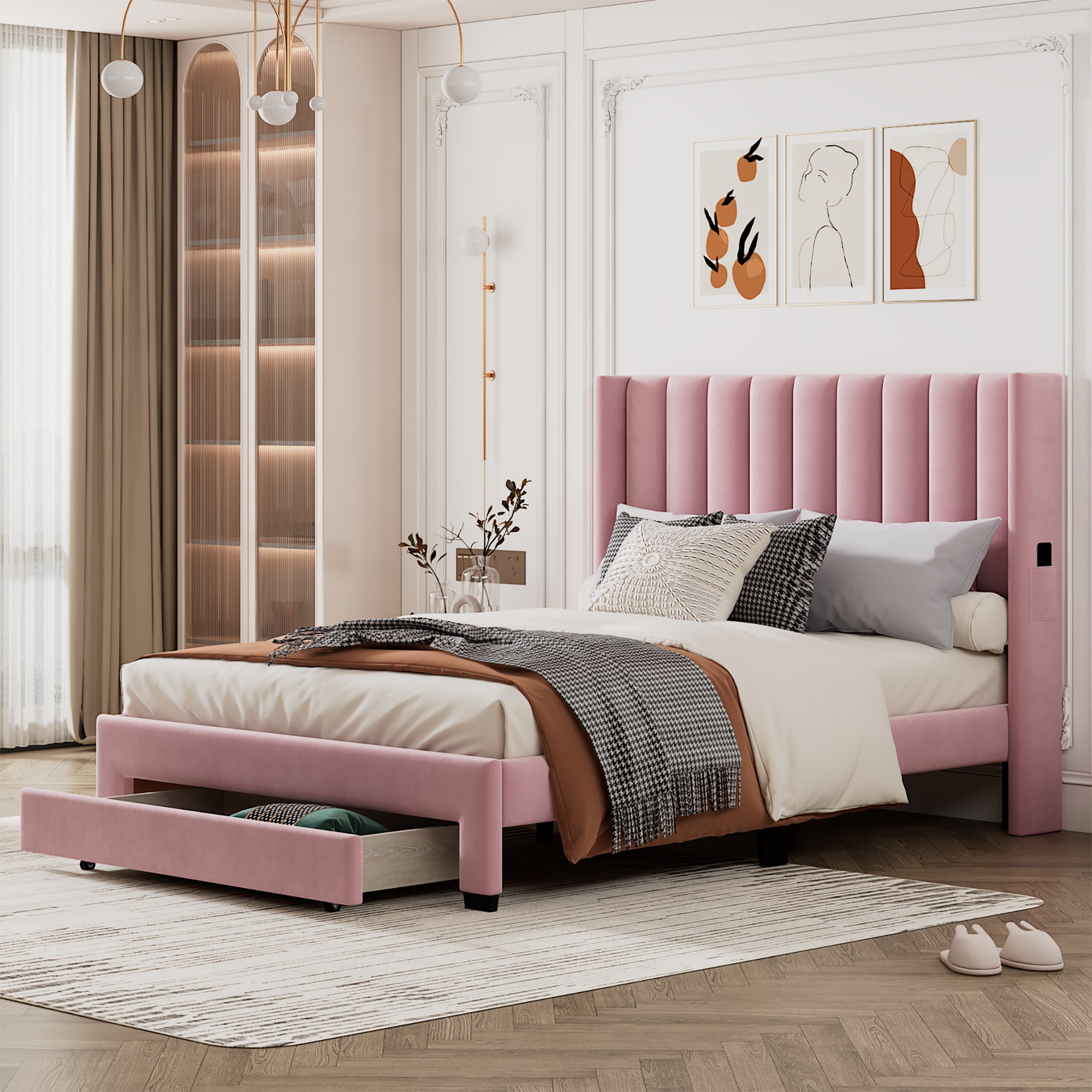Queen Size Storage Bed Velvet Upholstered Platform Bed with a Big Drawer - Pink - Atlantic Fine Furniture Melbourne FL
