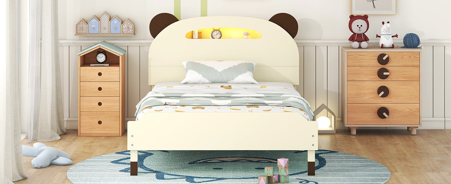 Twin Size Wood Platform Bed with Bear-shaped Headboard,Bed with Motion Activated Night Lights,Cream+Walnut - Atlantic Fine Furniture Melbourne FL