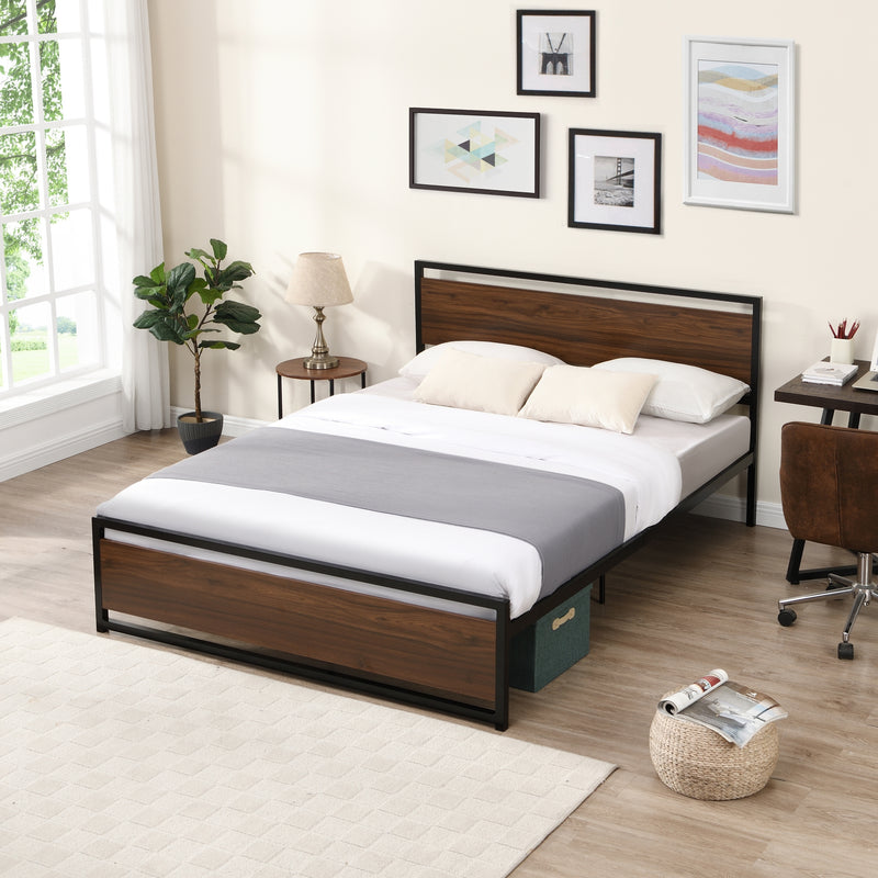 Industrial Platform Queen Bed Frame/Mattress Foundation with Rustic Headboard and Footboard, Strong Steel Slat Support, No Box Spring Needed, Noise Free, Easy Assembly