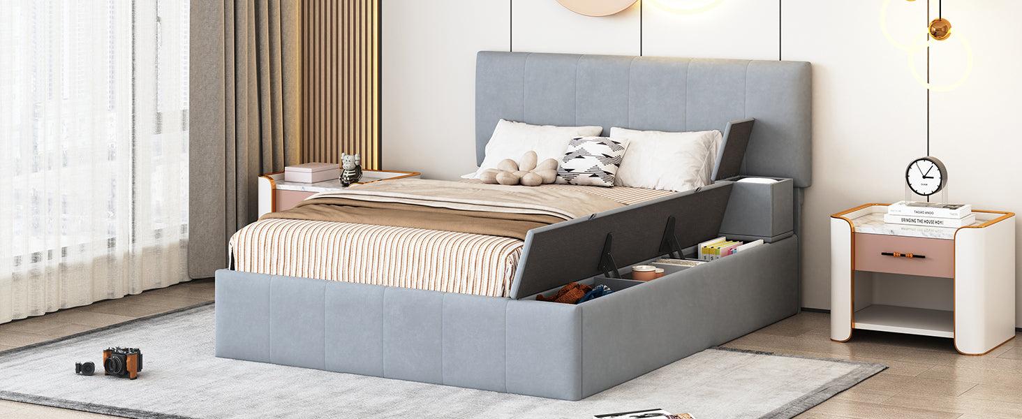 Full Size Upholstered Platform Bed with Lateral Storage Compartments and Thick Fabric, Velvet, Gray