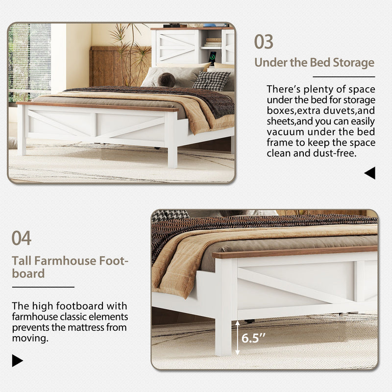 Farmhouse Platform Bed with Double Sliding Barn Door, Full Size Rustic Wood Bed with
Charging Station, Wood Slats Support, White+Brown