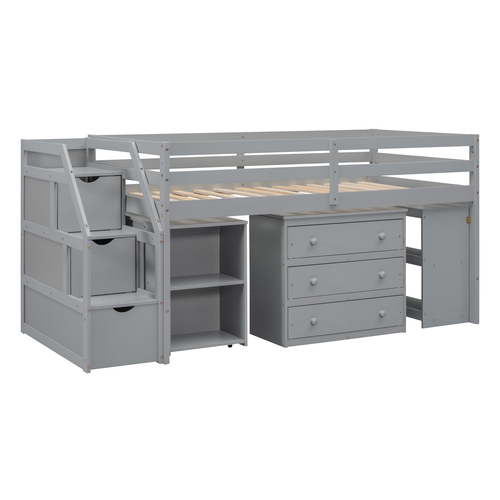 Twin Size Loft Bed with Retractable Writing Desk and 3 Drawers, Wooden Loft Bed with Storage Stairs and Shelves, Gray - Atlantic Fine Furniture Melbourne FL