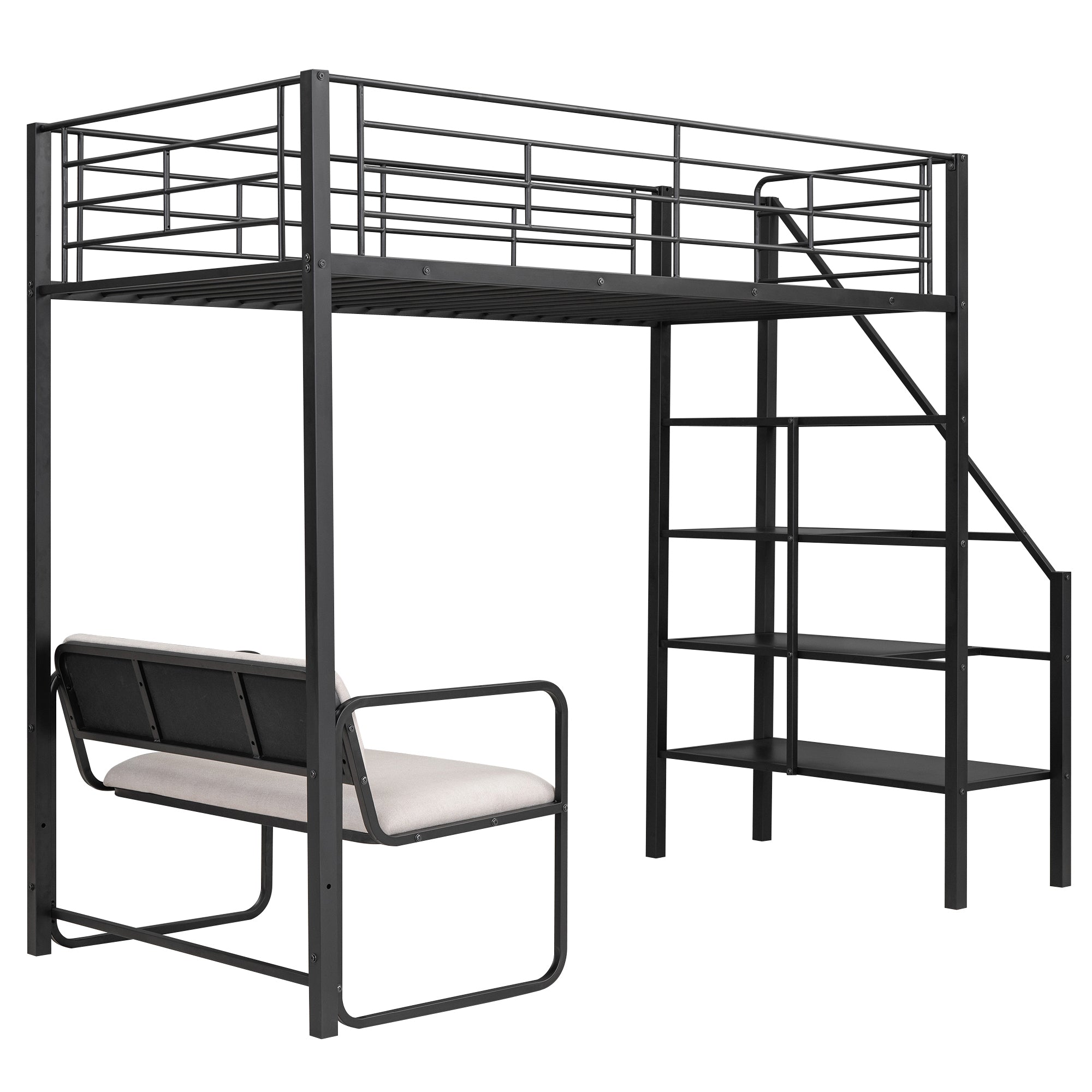 Twin Size Metal Loft Bed with Bench and Storage Staircase, Black - Atlantic Fine Furniture Melbourne FL