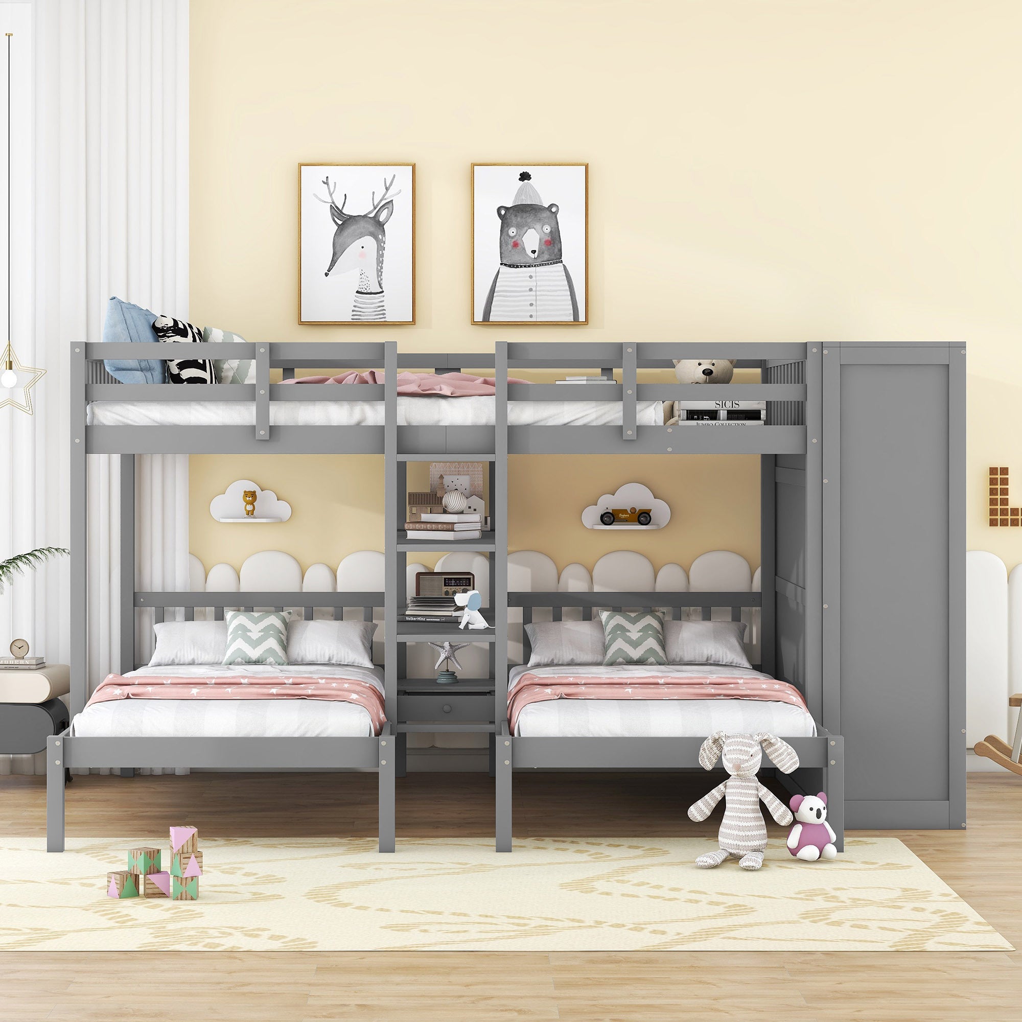 Full-Over-Twin-Twin Bunk Bed with Shelves, Wardrobe and Mirror, Gray - Atlantic Fine Furniture Melbourne FL