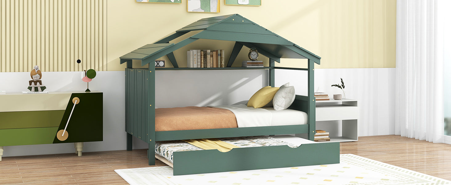 Wood Twin Size House Bed with Trundle and Storage, Green - Atlantic Fine Furniture Melbourne FL