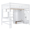 Full size Loft Bed with Bookshelf,Drawers,Desk,and Wardrobe-White