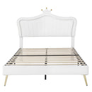 Queen Size Upholstered Bed Frame with LED Lights,Modern Upholstered Princess Bed With Crown Headboard,White