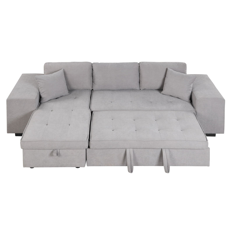 Pull Out Sleeper Sofa Reversible L-Shape 3 Seat Sectional Couch With Storage Chaise And 2 Stools For Living Room Furniture Set - Gray