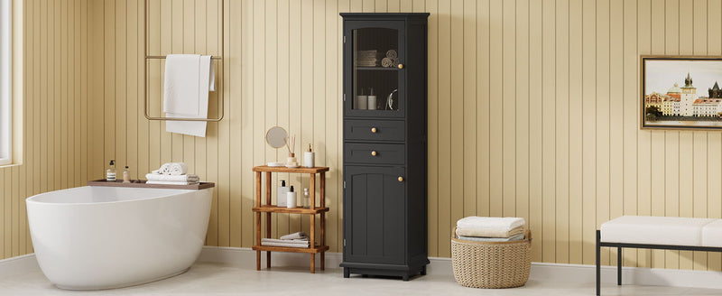 Tall Bathroom Storage Cabinet With Glass Doors, Free-Standing, Two Drawers, And Adjustable Shelves, MDF Board, Painted Perfect For Displaying Your Favorite Items