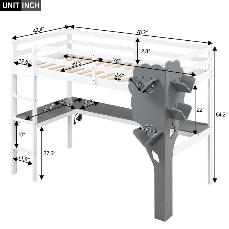 Twin Size Loft Bed with L-shaped Desk,Tree Shape Bookcase and Charging Station, White+Gray