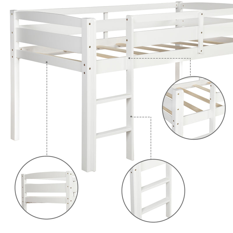 Twin Wood Loft Bed Low Loft Beds with Ladder,Twin,White(OLD SKU :WF192082AAK)