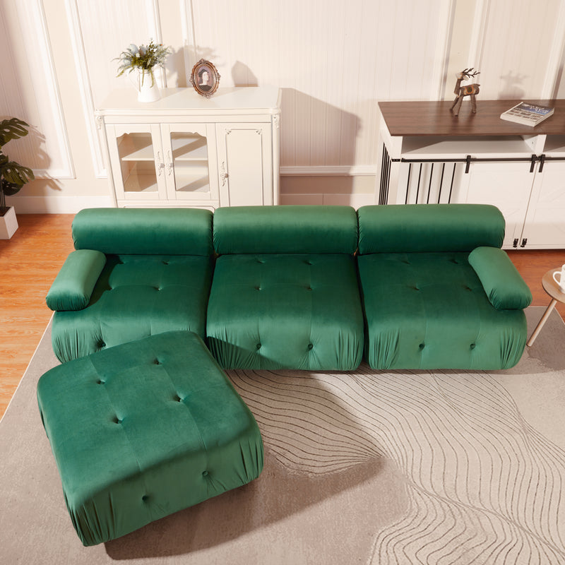 Modular Sectional Sofa Couch, Modern L Shaped Cloud Couch with Reversible Ottoman Convertible Button Tufted Velvet Fabric Couches for Living Room, DIY Combination,Green