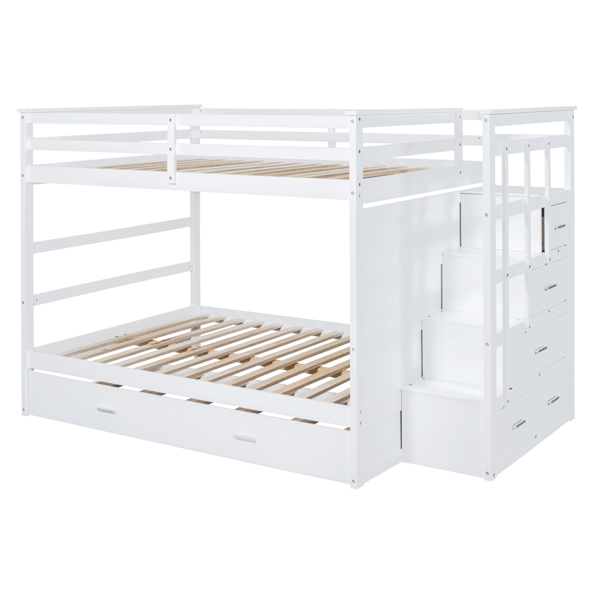 Full Over Full Bunk Bed with Twin Size Trundle and Staircase, White - Atlantic Fine Furniture Melbourne FL