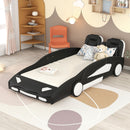 Race Car Shaped Twin Platform Bed With Wheels, Pine Wood Construction