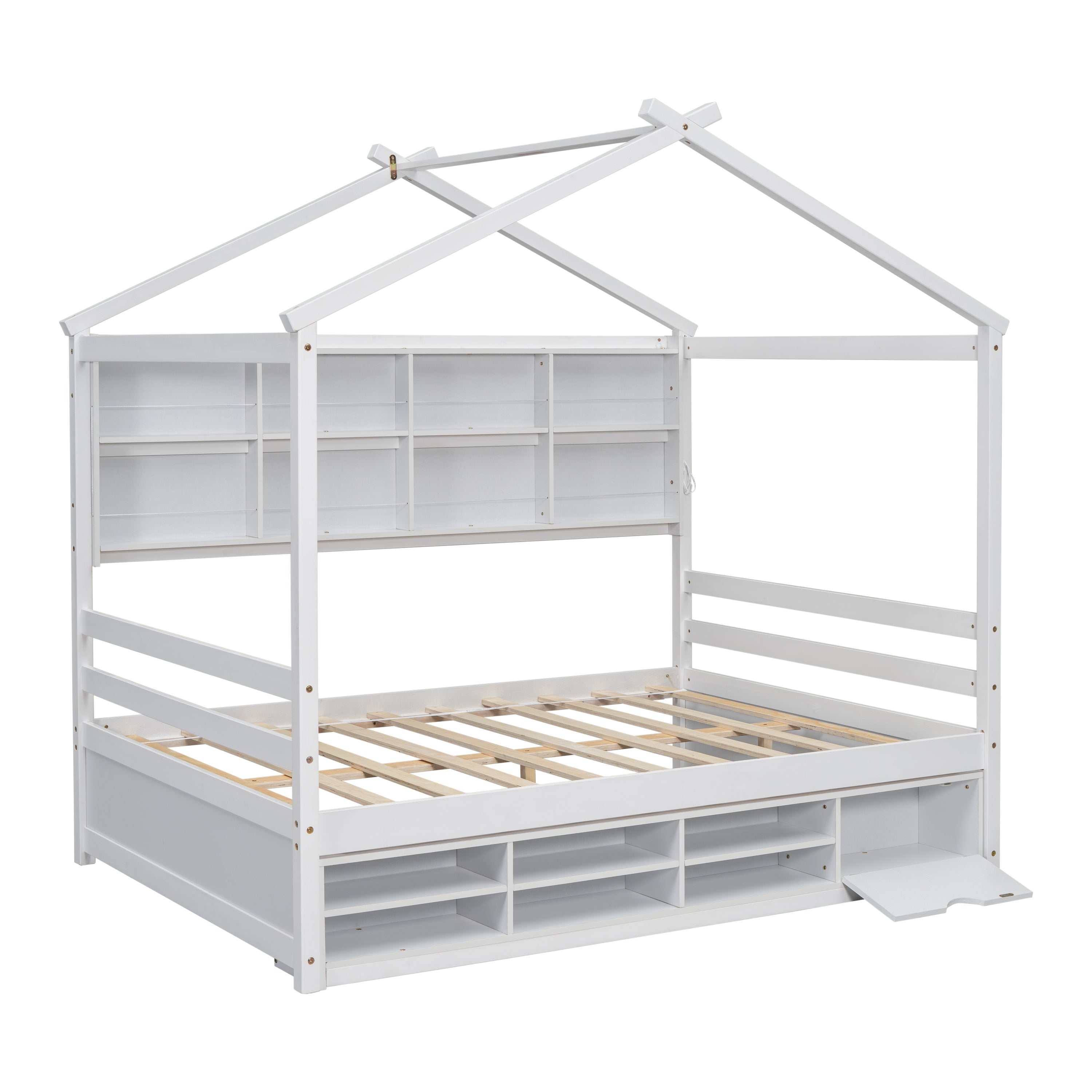 Full House Bed with Roof Frame, Bedside-shelves, Under Bed Storage Unit,White - Atlantic Fine Furniture Melbourne FL