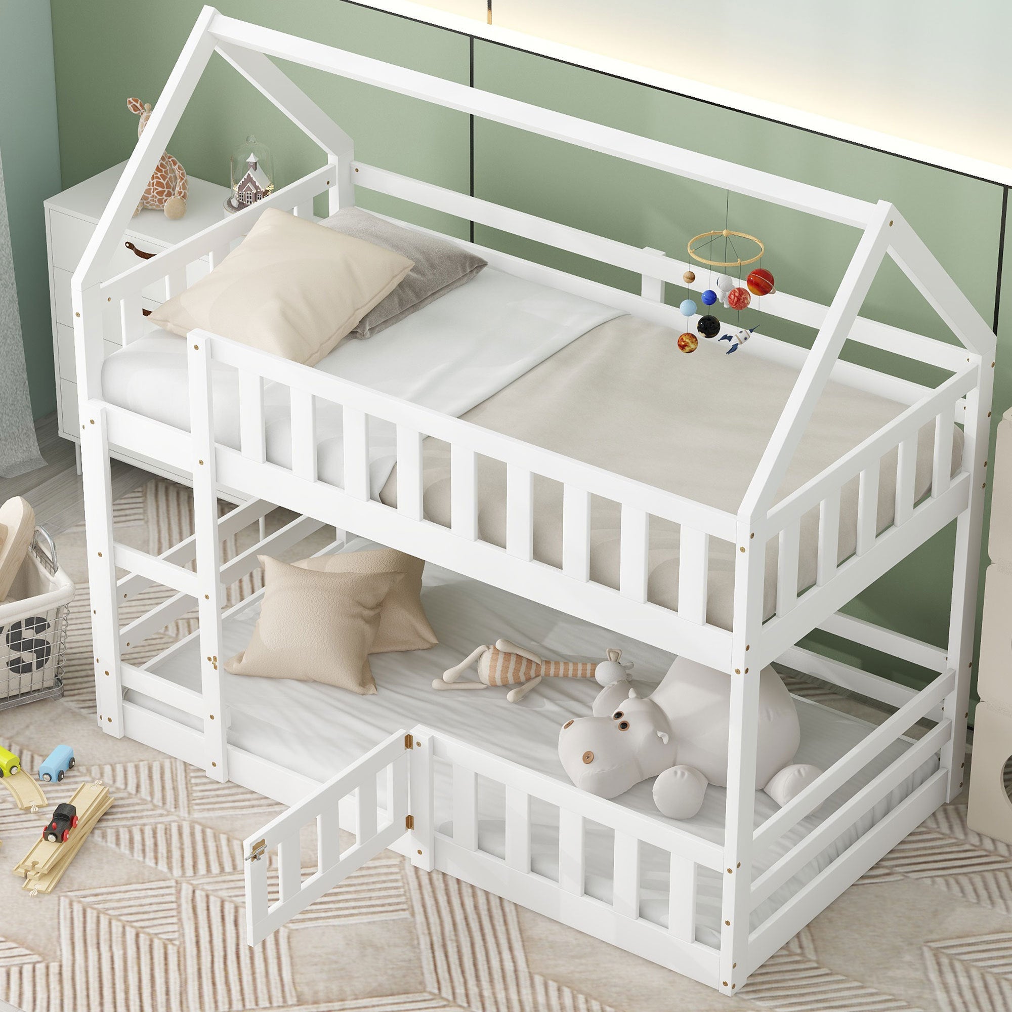 Twin over Twin House Bunk Bed with Fence and Door, White - Atlantic Fine Furniture Melbourne FL