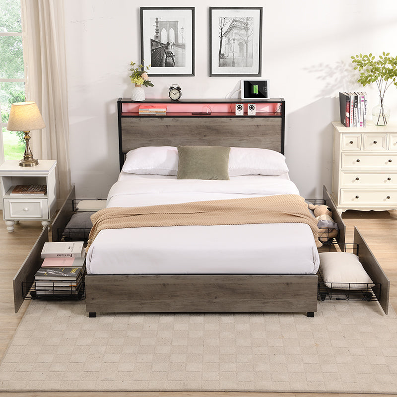 Full Bed Frame, Storage Headboard with Charging Station, Solid and Stable, Noise Free, No Box Spring Needed, Easy Assembly