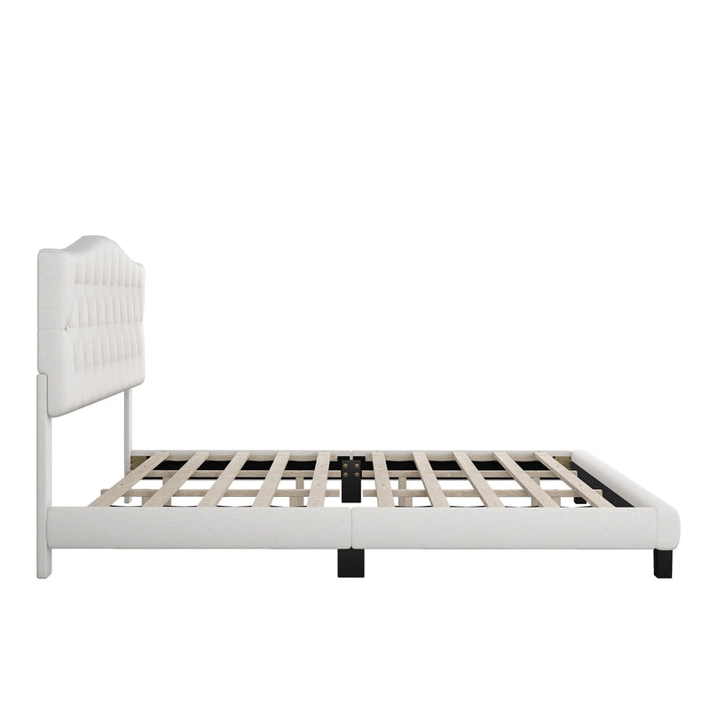 Full Upholstered Platform Bed With Saddle Curved Headboard And Diamond Tufted Details - Beige