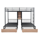 Triple Bunk Bed With Drawers, Multi-Functional Frame With Desks And Shelves In The Middle