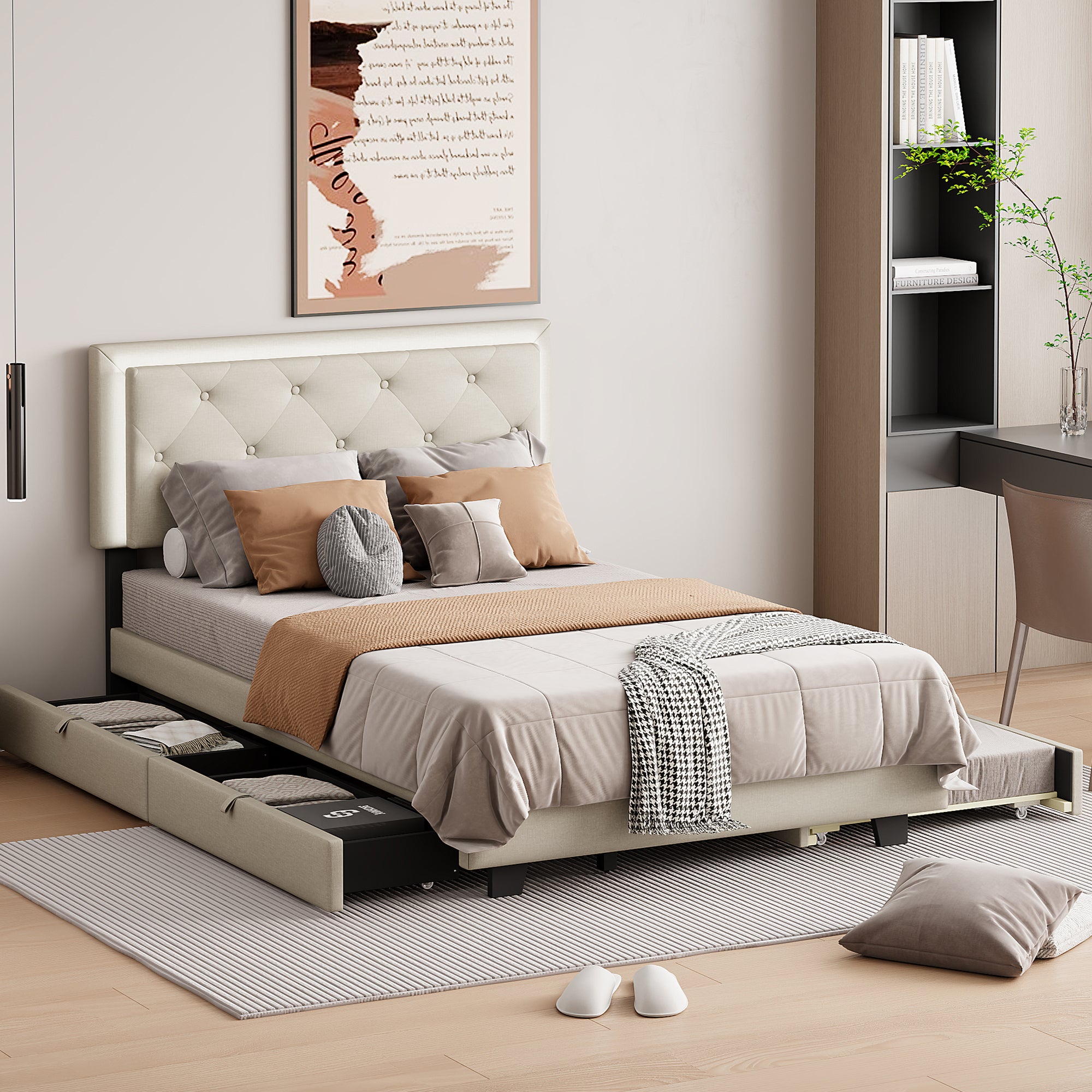 Full Size Velvet Storage Platform Bed, with 2 Big Drawers, T Size Trundle and LED Light, Beige - Atlantic Fine Furniture Melbourne FL
