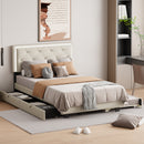 Full Size Velvet Storage Platform Bed, with 2 Big Drawers, T Size Trundle and LED Light, Beige