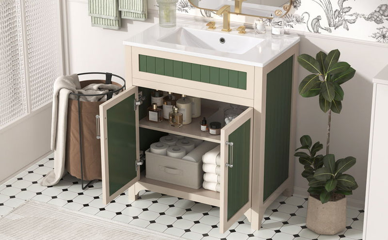 Bathroom Vanity Cabinet With Ceramic Sink Combo Set, Frame Modern Bathroom Storage Cabinet With Height Adjustable Shelf - Beige / Green