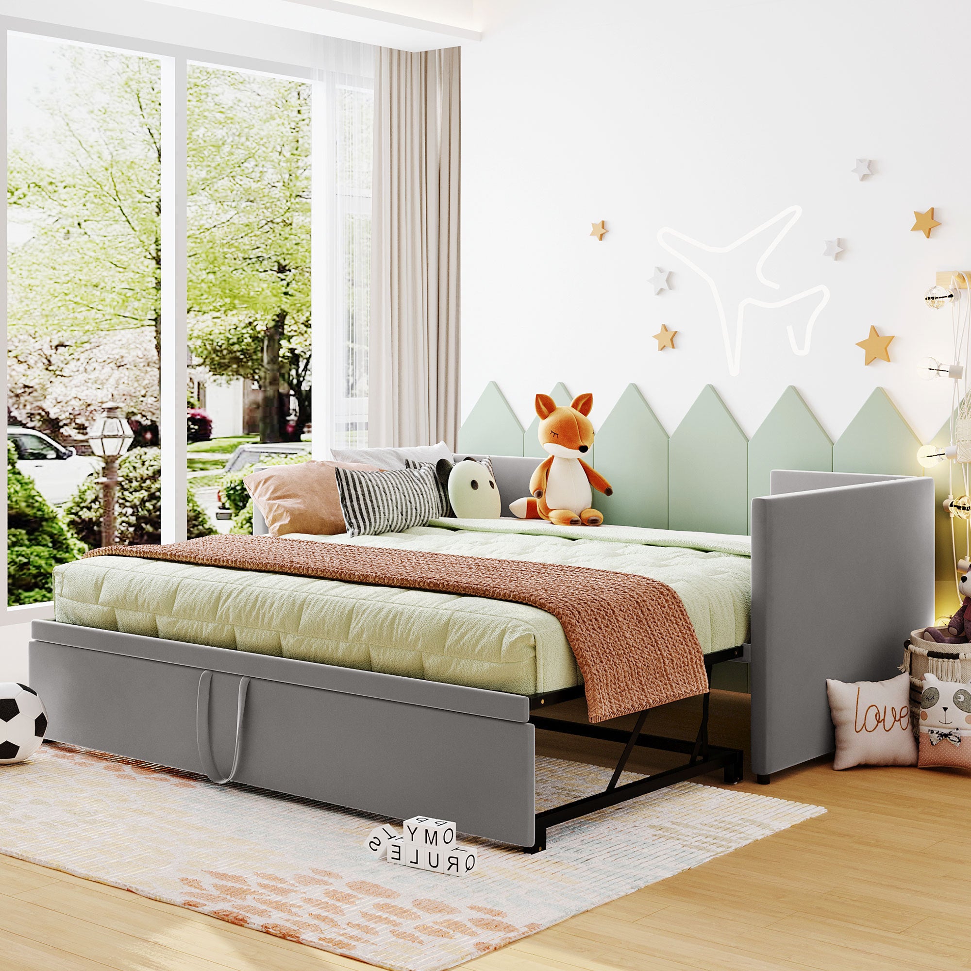 Twin Size Upholstered daybed with Pop Up Trundle, Gray - Atlantic Fine Furniture Melbourne FL