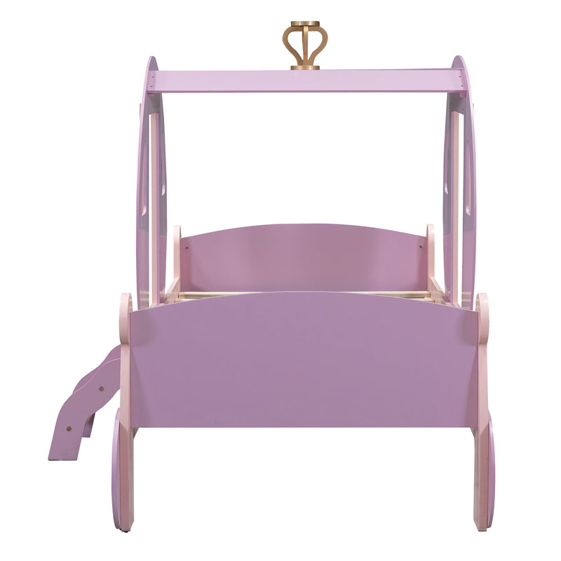 Twin size Princess Carriage Bed with Crown,Wood Platform Car Bed with Stair,Purple+Pink