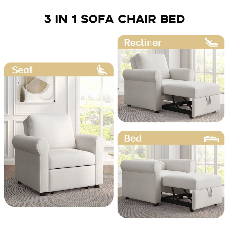 Modern 3 In 1 Convertible Sleeper Chair Bed, Linen Upholstery, Adjustable Backrest