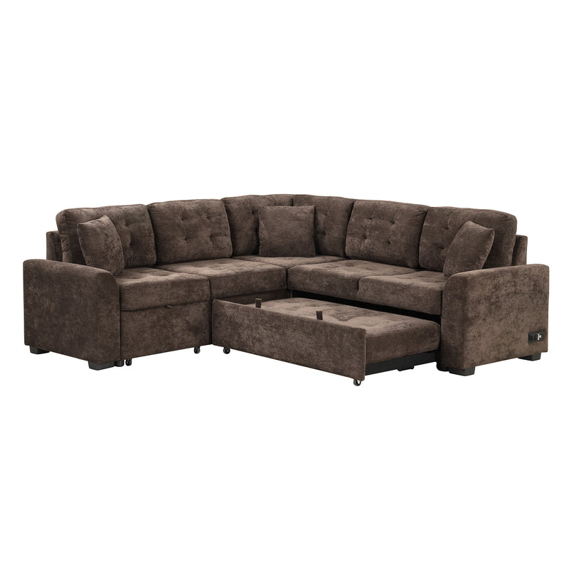 L-Shape Sofa Bed Pull-Out Sleeper Sofa With Wheels, USB Ports, Power Sockets For Living Room