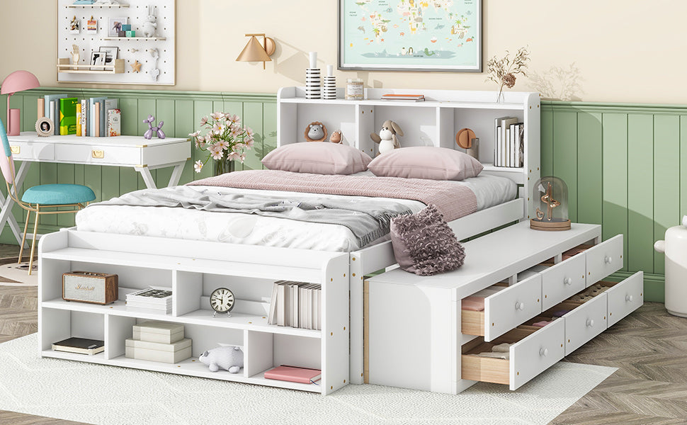 Full Bed with Bookcase Headboard, Under bed Storage Drawers and Bed End Storage Case,White