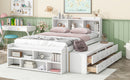 Full Bed with Bookcase Headboard, Under bed Storage Drawers and Bed End Storage Case,White