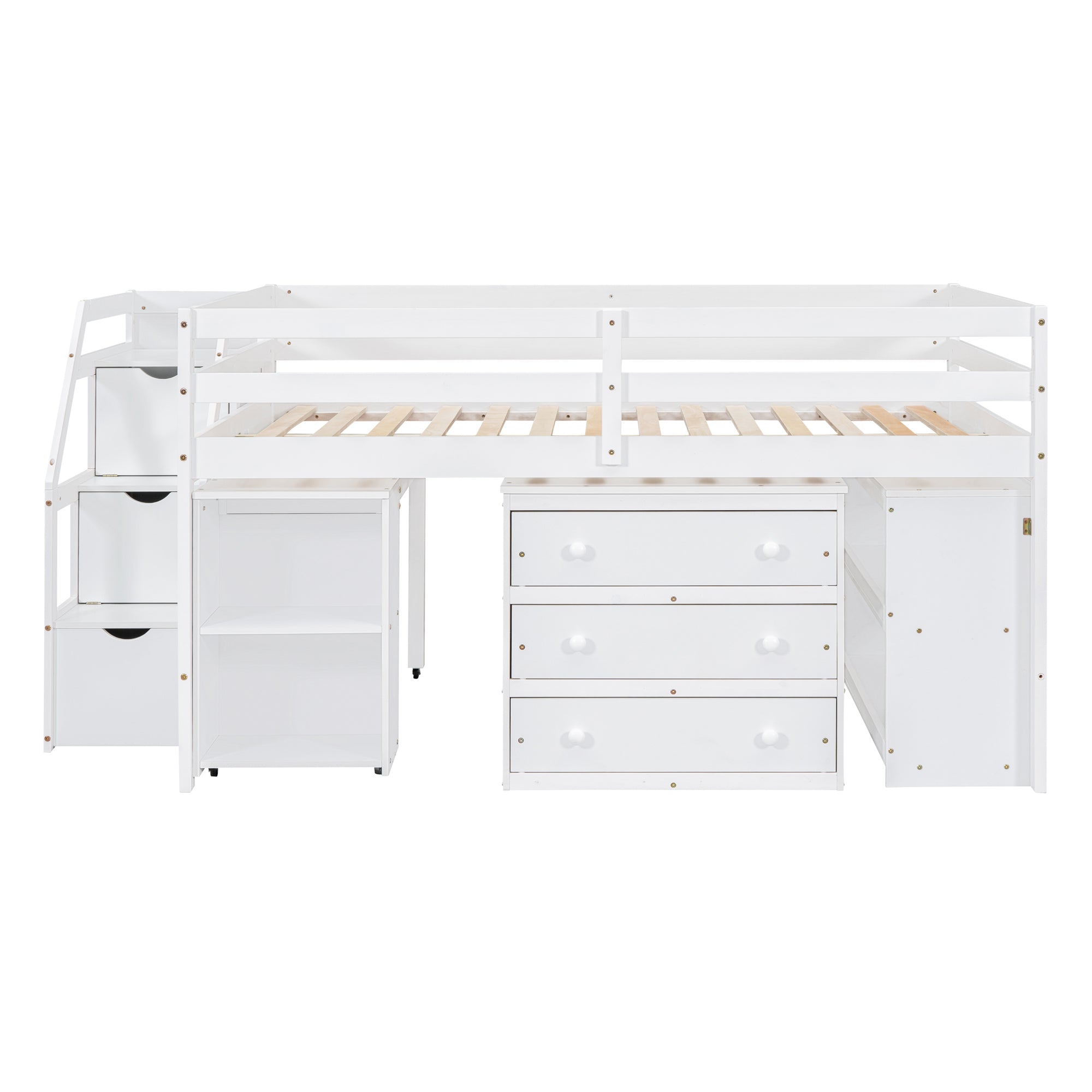 Full Size Loft Bed with Retractable Writing Desk and 3 Drawers, Wooden Loft Bed with Storage Stairs and Shelves, White - Atlantic Fine Furniture Melbourne FL