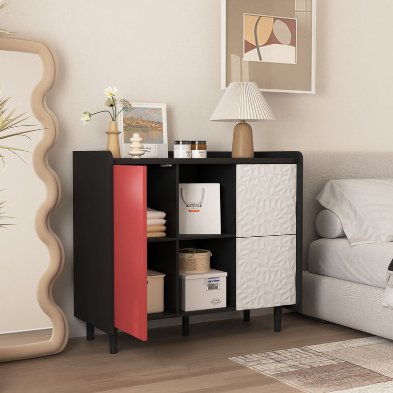 Modern Sideboard Buffet Cabinet With Red Doors And Unique Panel Styling