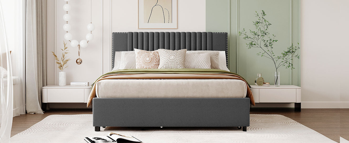 Queen Size Upholstered Platform Bed with 2 Drawers and 1 Twin XL Trundle, Classic Headboard Design, Gray - Atlantic Fine Furniture Melbourne FL