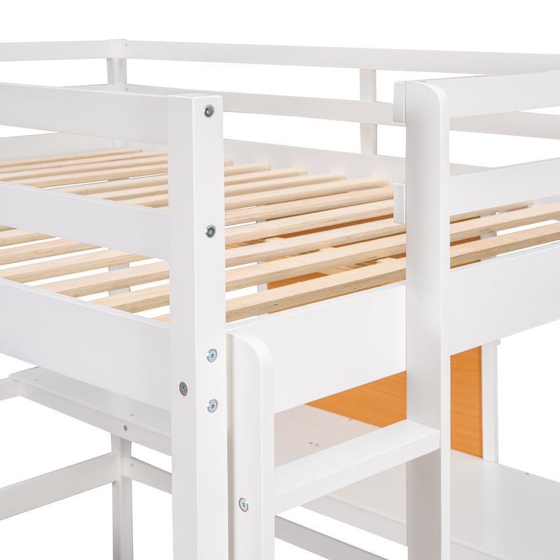 Full size Loft Bed with Desk and Writing Board, Wooden Loft Bed with Desk & 2 Drawers Cabinet- White
