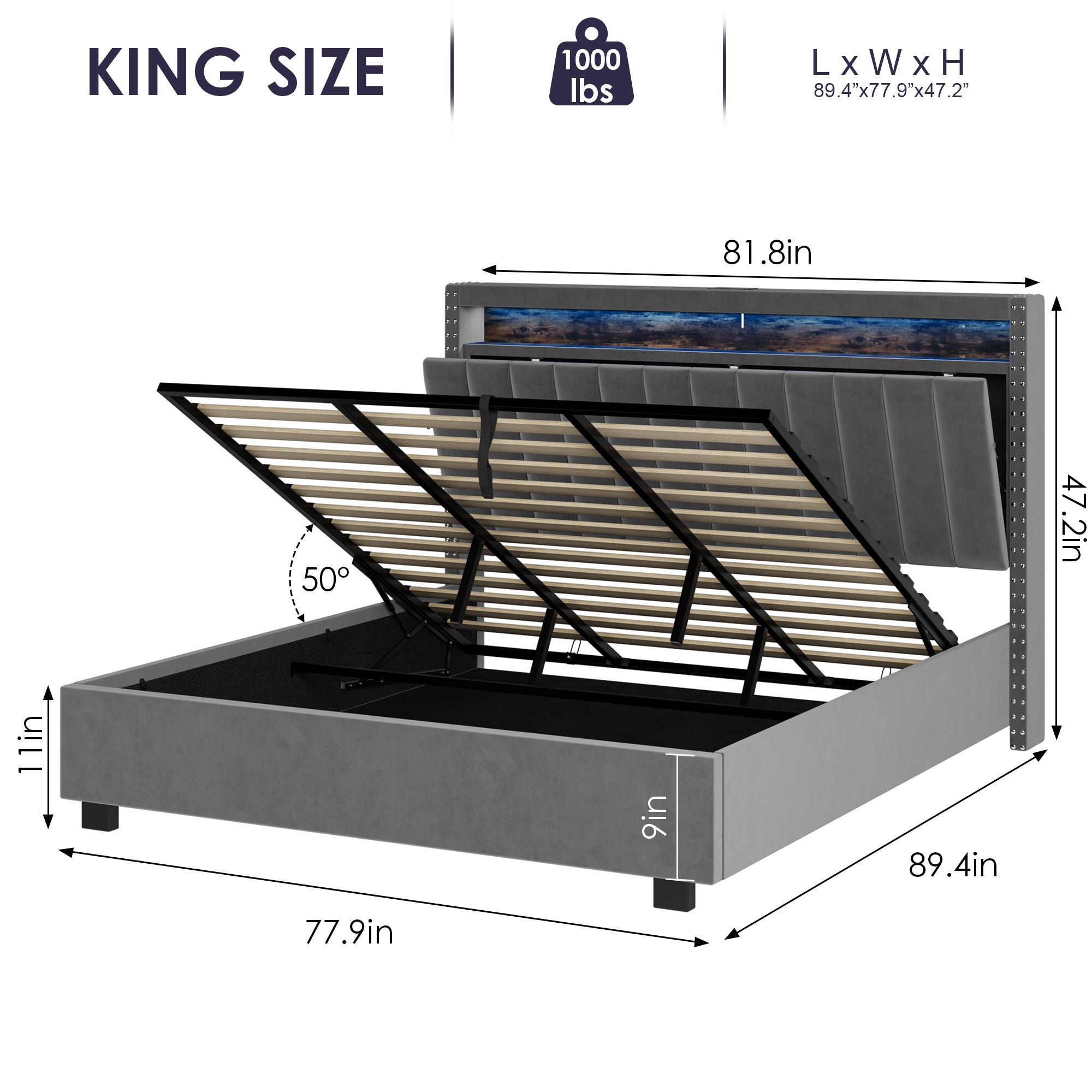 Luxury Gas Lift Storage Bed with RF LED Lights, Storage Headboard ,QUEEN Size ,Velvet Grey - Atlantic Fine Furniture Melbourne FL