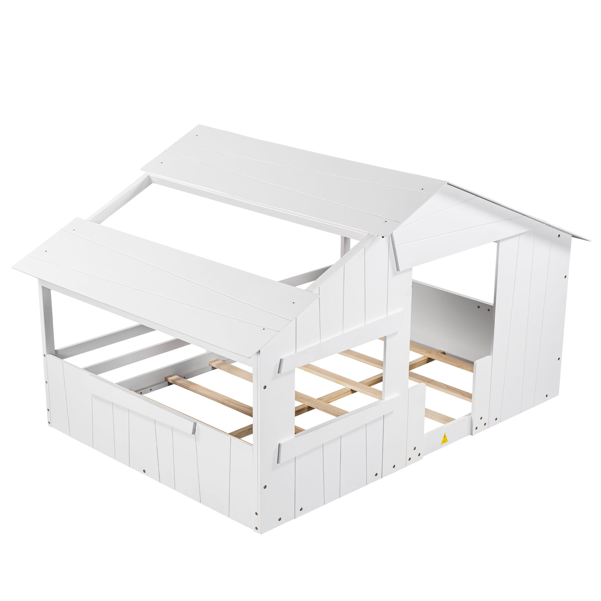 Wood Full Size House Bed with Roof, Window and Guardrail, White - Atlantic Fine Furniture Melbourne FL