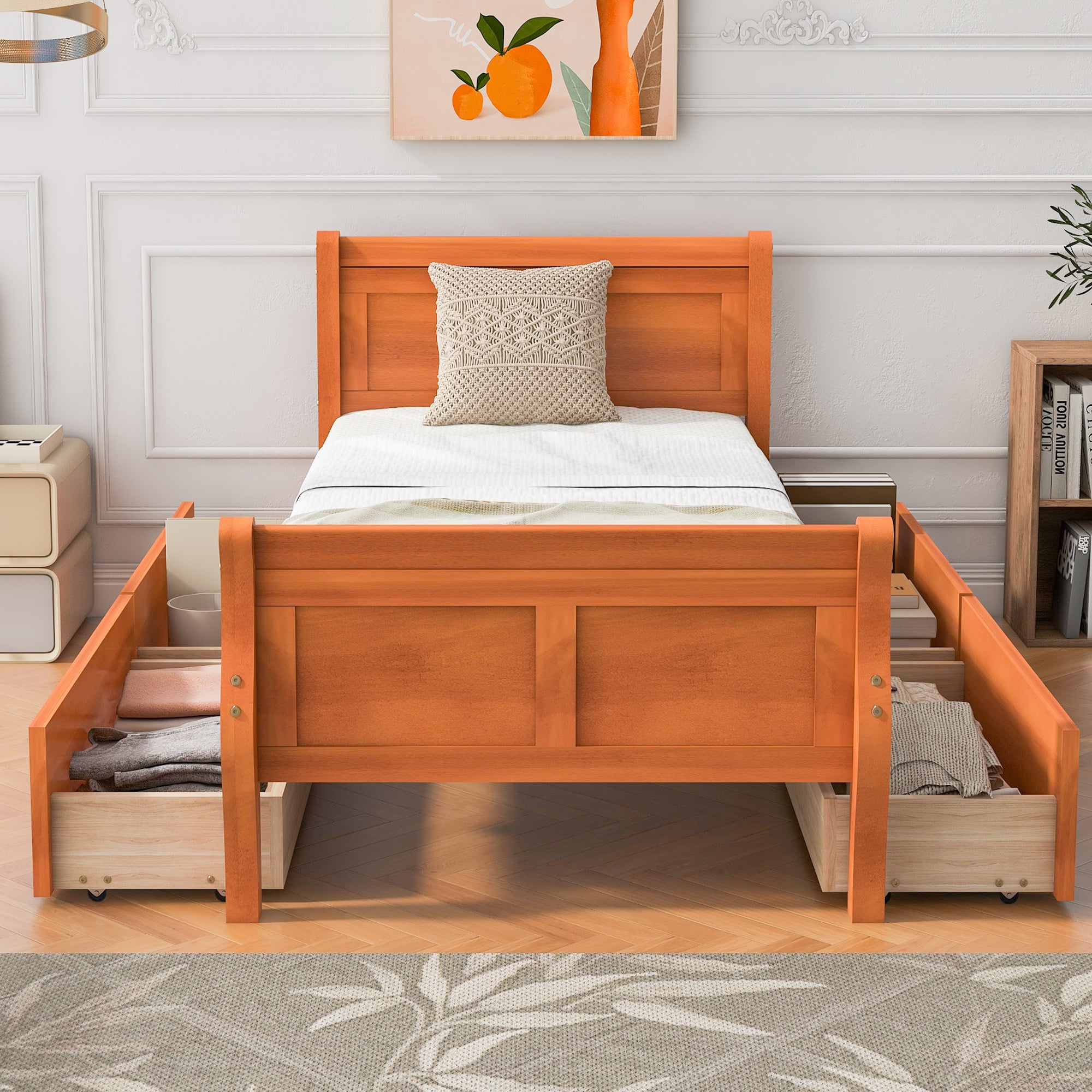 Twin Size Wood Platform Bed with 4 Drawers and Streamlined Headboard & Footboard, Oak - Atlantic Fine Furniture Melbourne FL
