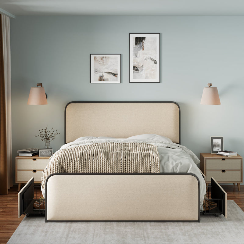 Modern Metal Bed Frame with Curved Upholstered Headboard and Footboard Bed with 4 Storage Drawers, Heavy Duty Metal Slats, Full Size, Beige