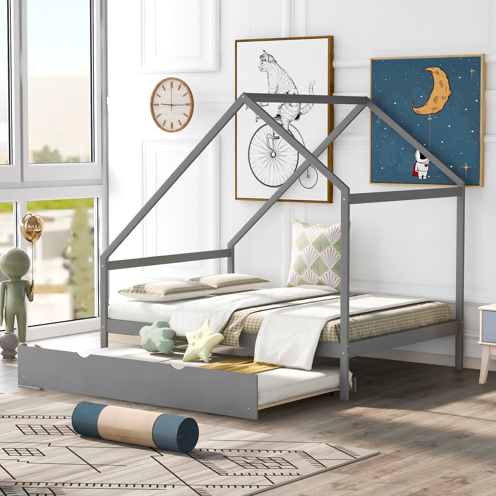 Full Size Wooden House Bed With Twin Size Trundle, GRAY - Atlantic Fine Furniture Melbourne FL