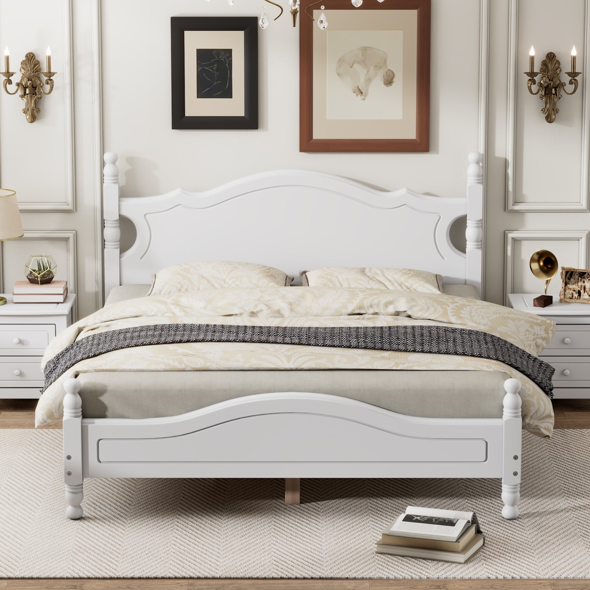 Queen Size Wood Platform Bed Frame,Retro Style Platform Bed with Wooden Slat Support,White - Atlantic Fine Furniture Melbourne FL