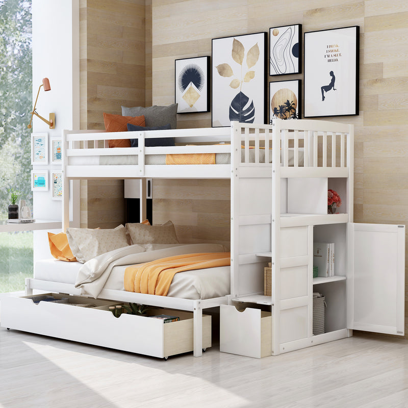 Twin over Full/Twin Bunk Bed, Convertible Bottom Bed, Storage Shelves and Drawers, White