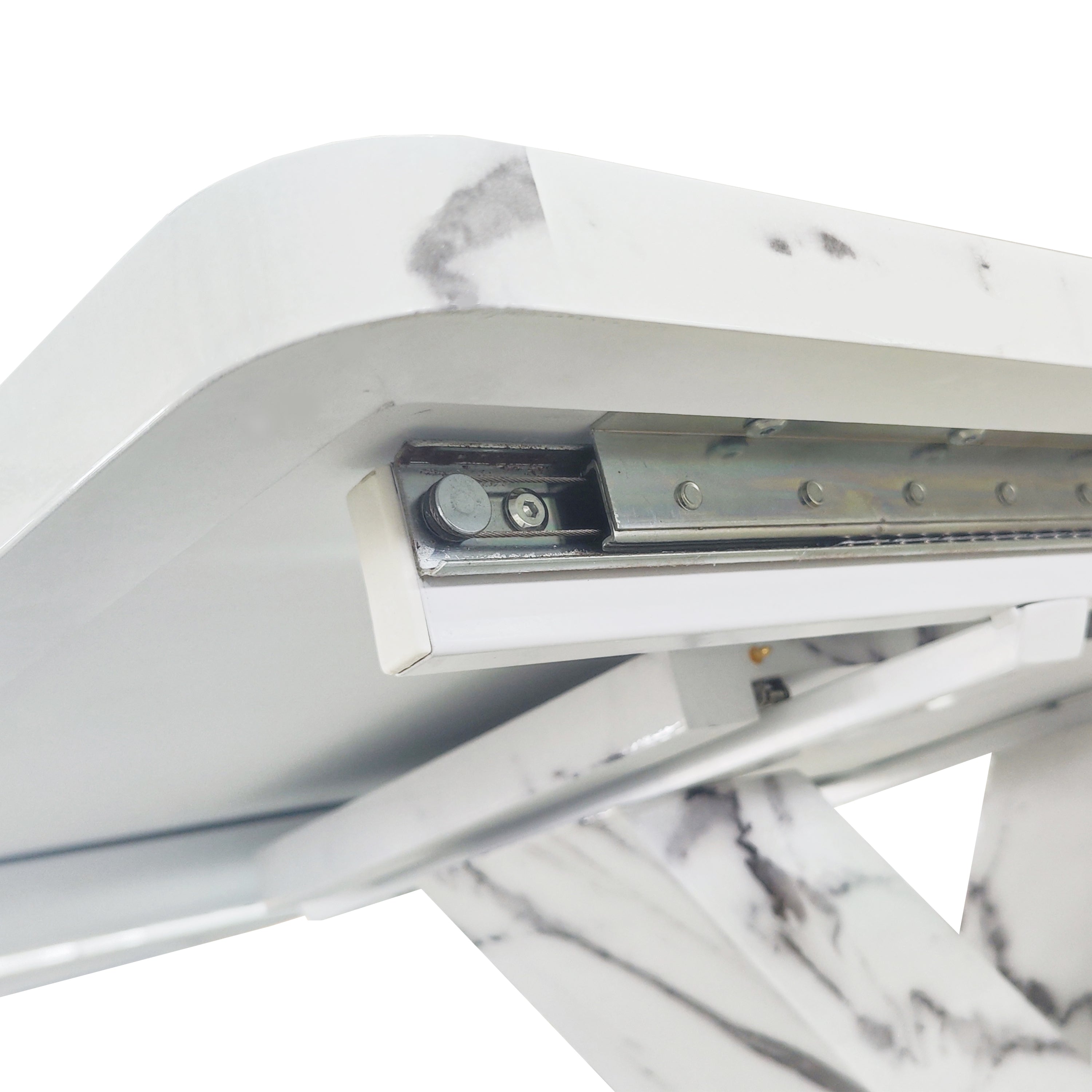 Modern Square Dining Table, Stretchable, with Printed White Marble Table Top+MDF X-Shape Table Leg with Metal Base