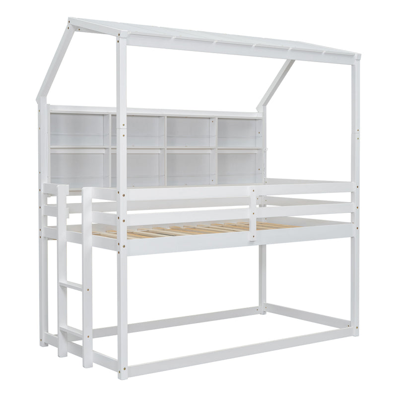 House Loft Bed With Guardrails, Semi-Enclosed Roof, Bedside Shelves And Ladder